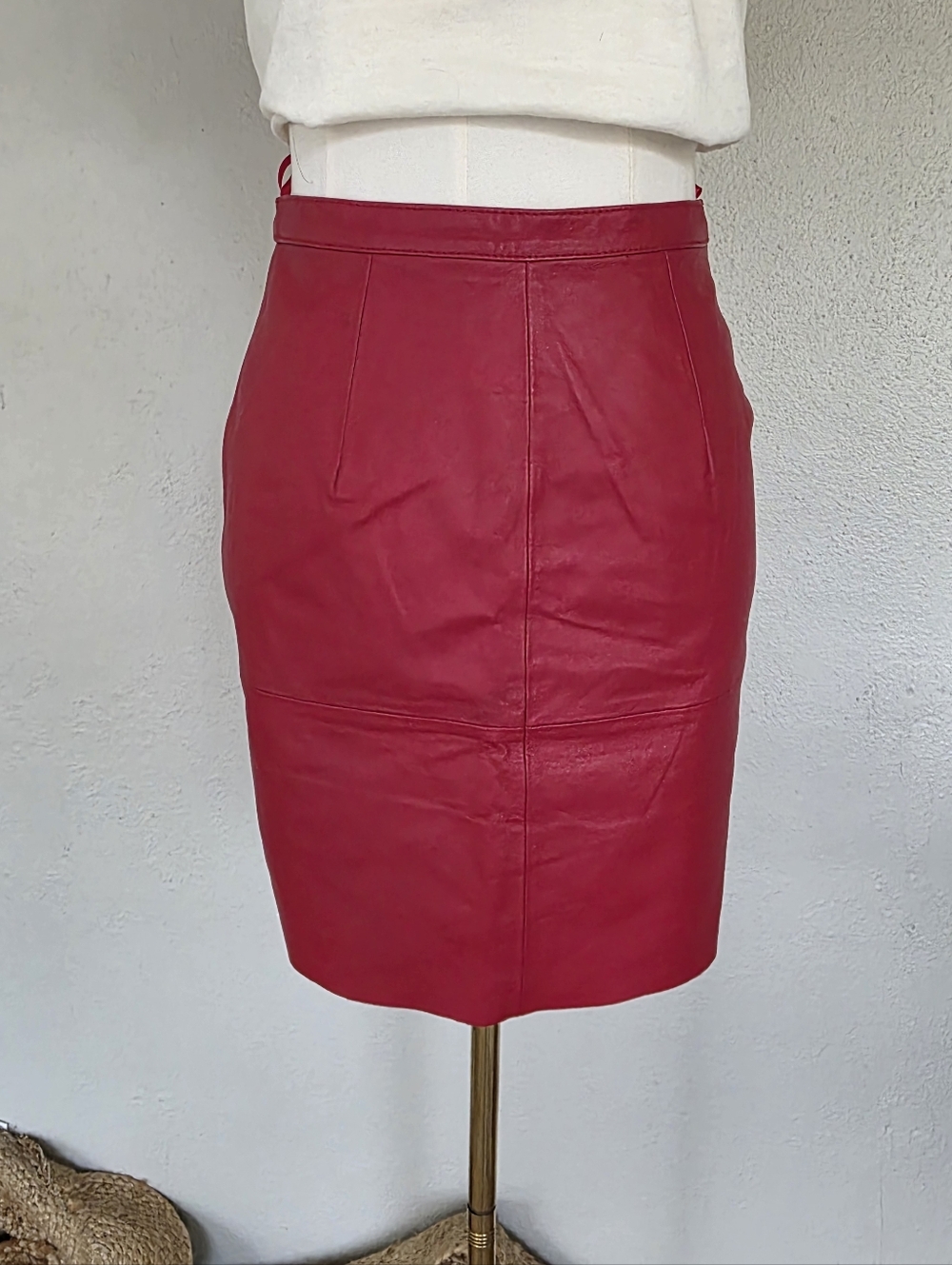 Vtg Red Leather Mini Skirt High Waist Pencil Y2K Indie Sleaze Cherry Red Size 4